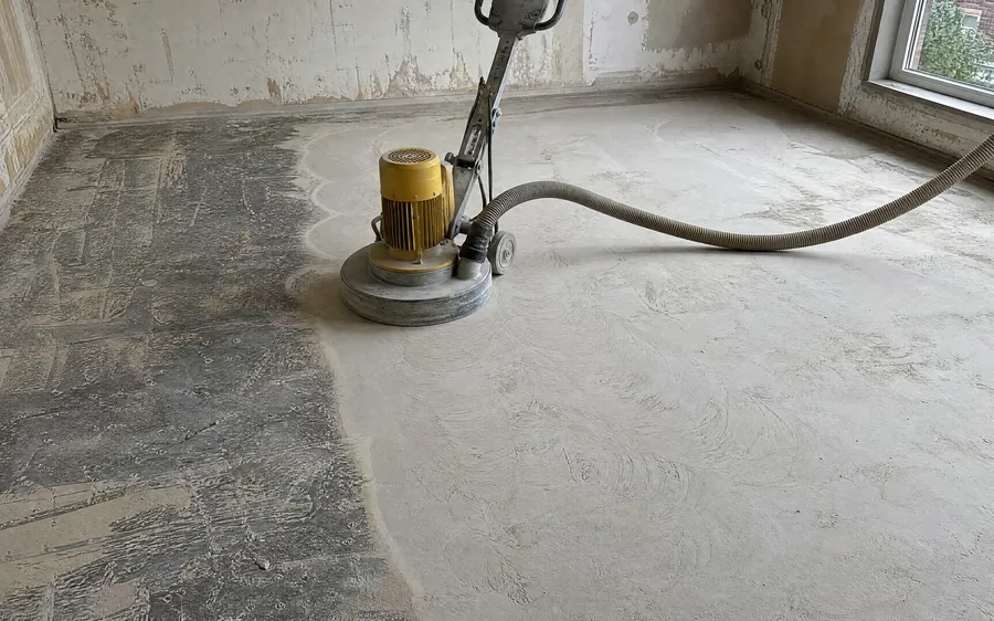 Vloerslijpmachine met stofafzuiging op een half geschuurde dekvloer